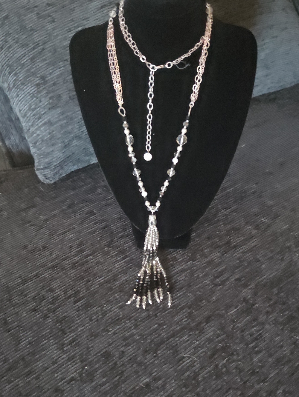 Talbots Black And Silver Tassle Beaded Necklace. 19 Inches Long Stunning